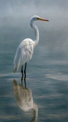 Obraz premium White egret standing gracefully in calm water with reflection and misty background