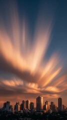 Obraz premium Golden sunset over city skyline with dramatic clouds, concept of urban tranquility