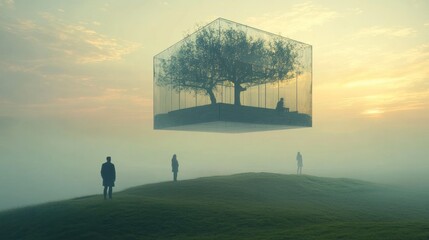 Floating glass cube dwelling, ethereal landscape