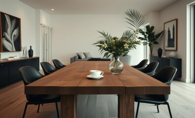A sleek minimalist interior unfolds where a large rustic wooden table anchors a space of relaxed elegance Black chairs surround the table inviting conversations  A steaming cup of coffee and a v