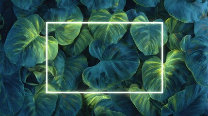 Green tropical leaves with neon rectangular frame, vibrant concept
