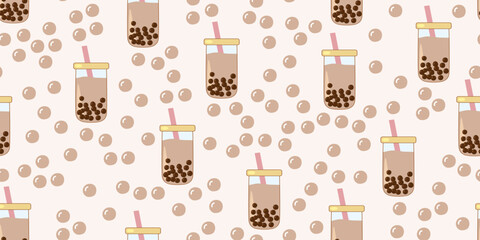 Seamless pattern with refreshing bubble tea and floating tapioca pearls on beige backdrop, vector