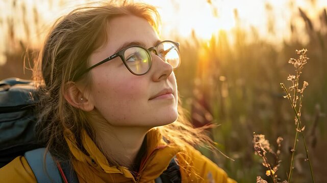 Young Female Backpacker Looking Up in Golden Sunlight Nature Scene
