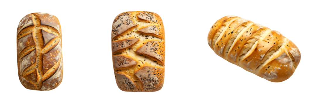 Set of various loaf of brad, top view isolated on transparent background