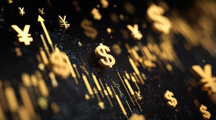 Golden Abstract Diagram of Floating Currency Symbols and Graphs