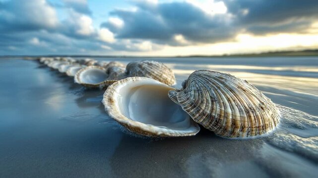 Seashells arranged in a row on the beach at sunset offering a serene and tranquil scene