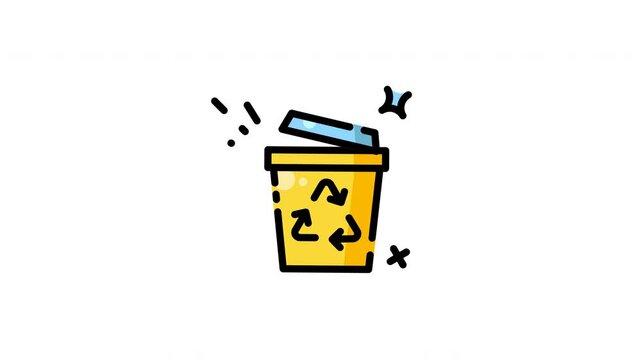 Animated Recycle bin vibrant yellow recycling bin with lid open  suitable for environmental concepts, waste management designs, ecofriendly campaigns, and sustainability. Recycle bin animation.