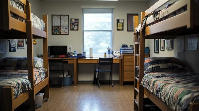 Dormitory room with bunk beds and desks featuring a simple and organized interior