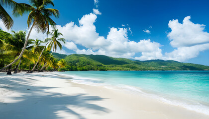 Tropical beach with palm trees. Turquoise ocean water meets white sand shore. Calm sea with mountains on background. Vacation resort travel concept, paradise island, relax