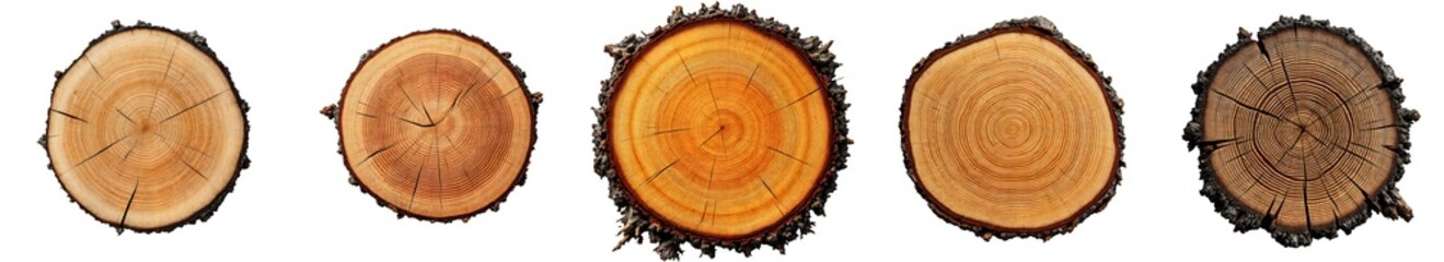 Fototapeta premium Collection of various cross section of a tree stump with visible growth rings isolated on transparent background