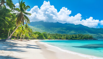 Tropical beach with palm trees. Turquoise ocean water meets white sand shore. Calm sea with mountains on background. Vacation resort travel concept, paradise island, relax