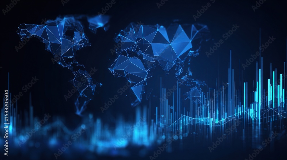 Poster geometric tech background with polygonal world map and data visuals