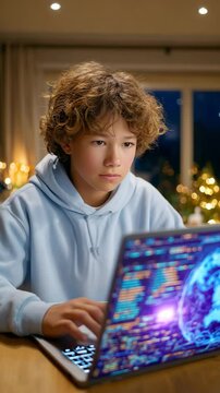 Focused boy using a laptop with bright digital graphics at home.