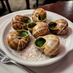 Baked escargots with garlic herb butter, served on a bed of sea salt. A classic French delicacy