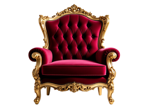 Close up of a luxurious red velvet armchair with gold trim on a black background in a studio setting