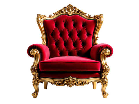 A luxurious red velvet armchair with ornate gold trim isolated on a black background in regal style