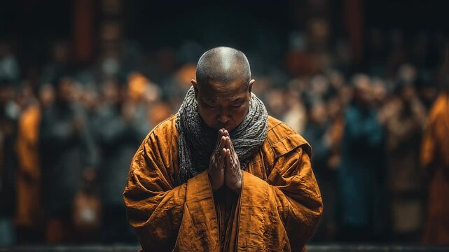Serene Monk Praying Peacefully in a Temple with Devotees in the Background