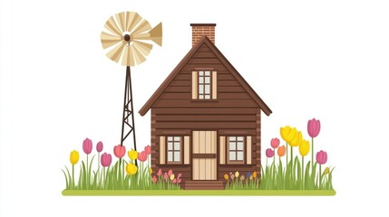 Rustic wooden farmhouse surrounded by flowers and a windmill