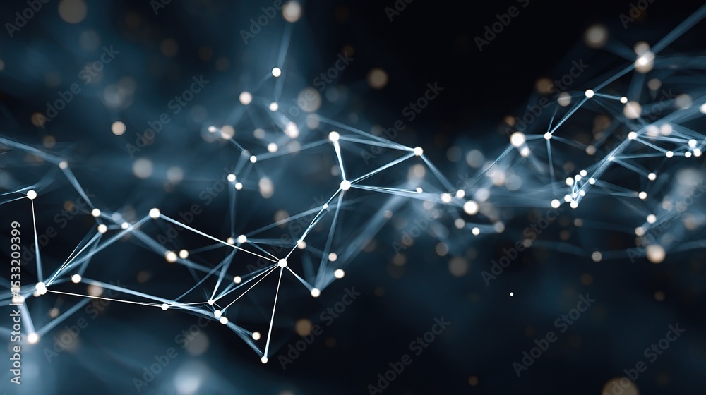 Poster digital network nodes floating in a dark void linked together