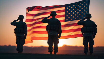 Silhouette of soldiers saluting the American flag at sunset for Memorial Day