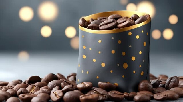 A stylish black and gold pouch filled with roasted coffee beans sits on a smooth gray surface.