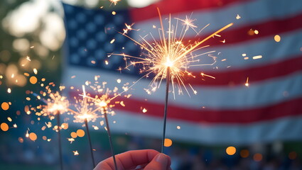Holding sparkling fireworks with an American flag in the background for 4th of July