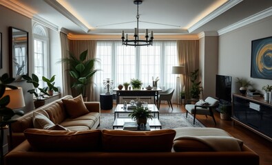Fototapeta premium A tastefully decorated living room a haven of comfort and style awaits you A plush velvet sofa potted plants sleek design furniture and elegant accessories create a welcoming ambiance A copy s