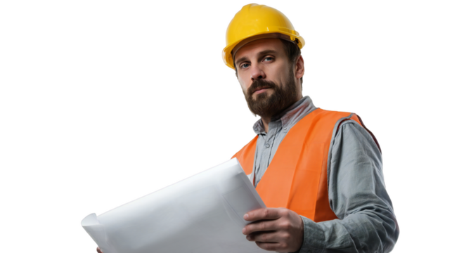Man in hardhat and safety vest holding blueprints against a black background in a studio shot