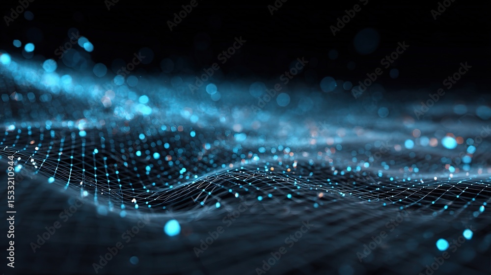Poster futuristic 3d grid surface with floating data particles in motion