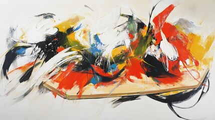Fototapeta premium Dynamic abstract painting featuring bold red, yellow, black, and white brushstrokes on canvas art.