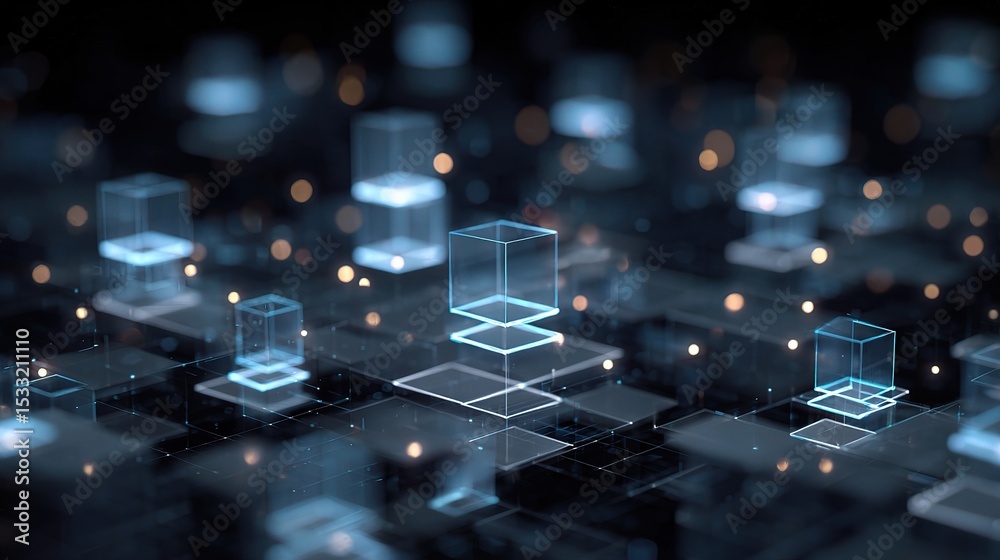 Poster digital data flow concept with layered network nodes and lights