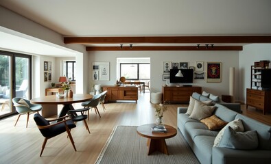 Fototapeta premium A spacious Scandinavian home where an open-concept layout seamlessly blends living and dining areas is punctuated by stylish chairs a rustic wooden commode a cozy gray sofa and a curated gallery 