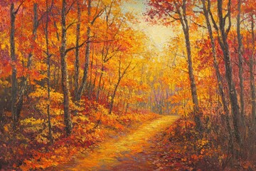 Obraz premium Autumn forest path, vibrant colors (2)