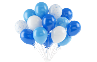 A bunch of blue and white balloons tied together against a black background for a celebration event