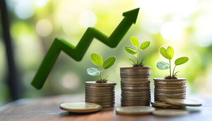 Green sprout growing from coins stacks. Symbol of financial growth, investment, business success. Ascending green arrow on blurry nature background. Represents wealth, prosperity, future hope