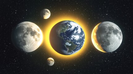 Fototapeta premium A vibrant artistic rendering displays Earth and its moon against a backdrop full of shining stars