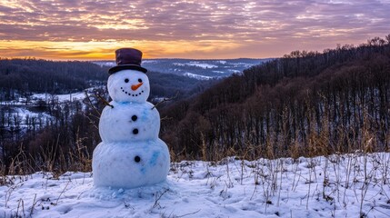 Obraz premium A smiling snowman stands on a snowy hilltop as the sun sets over the winter forest horizon.