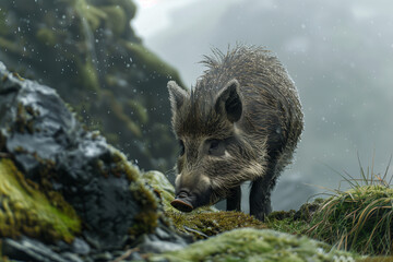 Wild Boar in Fjord roaming along a snowy ridge near a frozen lake and surrounded by rocky northern landscape