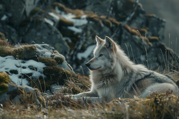 Wolf in Fjord watching over icy lake with towering mountains, cold forest, and green valley in arctic wilderness