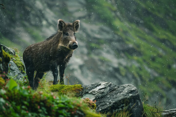 Wild Boar in Fjord winter landscape surrounded by snow-covered peaks, lake shoreline, and lush northern wilderness