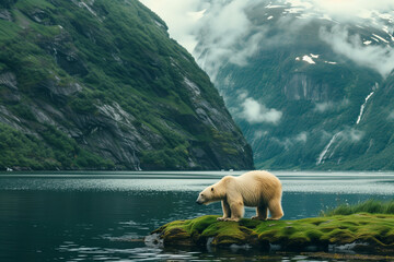 Bear in Fjord winter environment with frozen lake, steep snowy peaks, and untouched northern natural surroundings