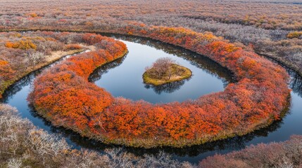 An aerial perspective capturing the vibrant colors of autumn trees around a winding river bend