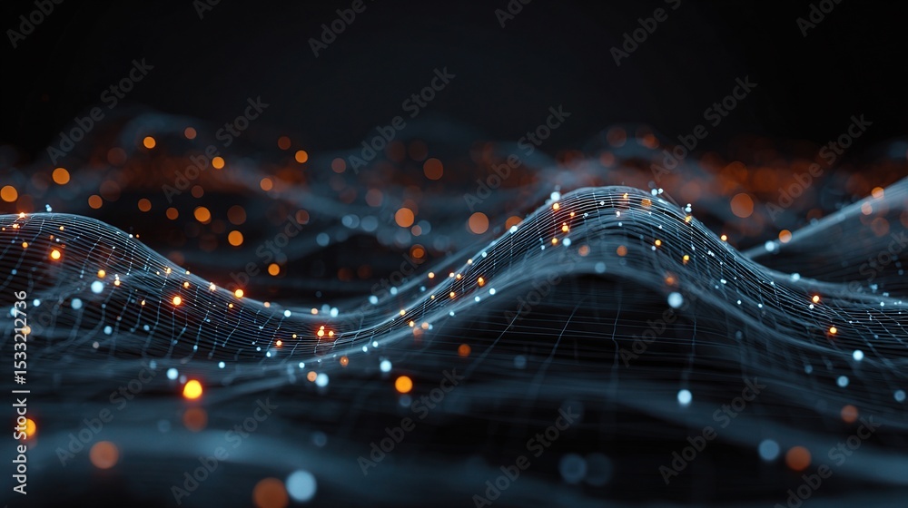 Poster futuristic data stream with bright nodes in dynamic wave patterns