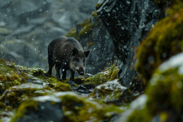 Wild Boar in Fjord exploring glacial lakeshore with snowy mountaintops and dense green forests in northern biomes