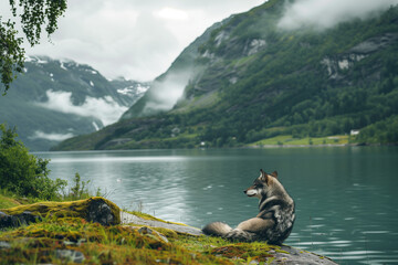 Wolf in Fjord wandering alone through icy mountain terrain near a glacier lake and surrounded by green forests