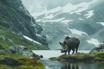 Wild Boar in Fjord standing beside a lake under towering snowy mountains in a remote northern wildlife ecosystem