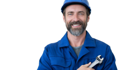 Smiling man in blue uniform and hard hat holding a wrench against a black background portrait shot