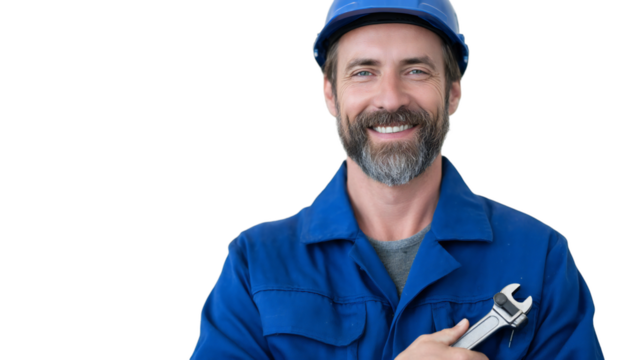 Smiling man in blue uniform and hard hat holding a wrench against a black background portrait shot