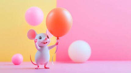 A cheerful animated mouse holding a bright orange balloon happily