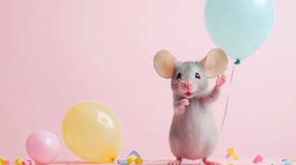 Happy little mouse holding a balloon celebrating a party